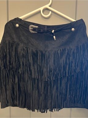 Rock & Roll denim Black Fringe Mini Skirt with Western Buckle size XL